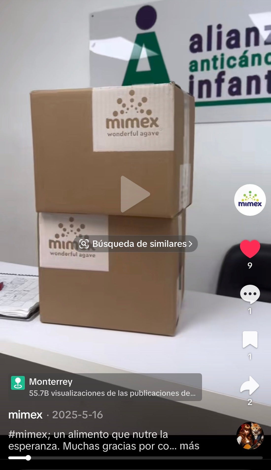 Carta de la Alianza Anticáncer Infantil detallando los beneficios nutricionales de Mimex en niños con cáncer (Mayo 2010)