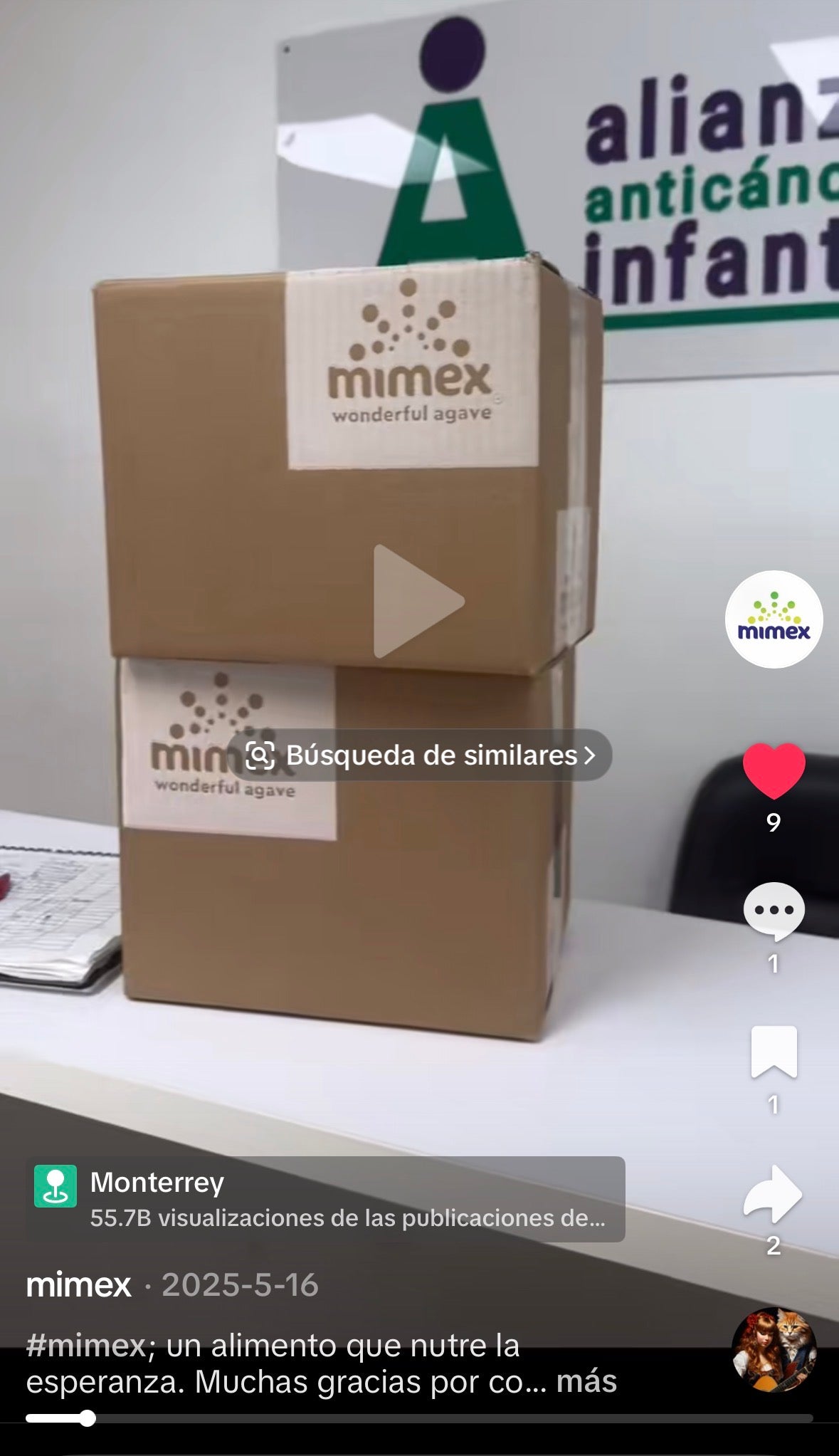 Carta de la Alianza Anticáncer Infantil detallando los beneficios nutricionales de Mimex en niños con cáncer (Mayo 2010)